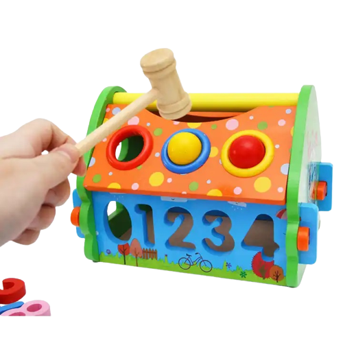 Casuta din Lemn cu Bile, Ciocan, Sortator de Forme Geometrice si Litere, Jucarie Educativa Montessori, Multicolora, Lemn, 20 Piese, 3 ani+, Edujucarii [3]