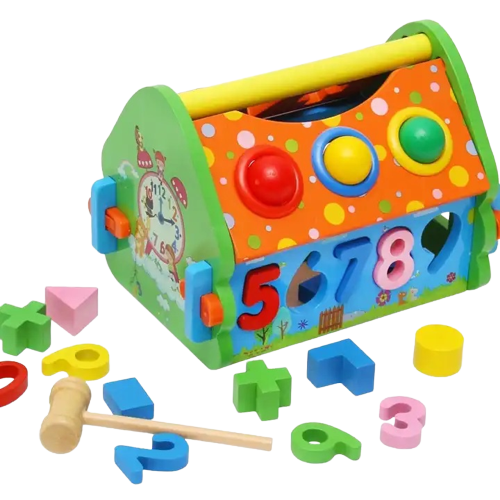 Casuta din Lemn cu Bile, Ciocan, Sortator de Forme Geometrice si Litere, Jucarie Educativa Montessori, Multicolora, Lemn, 20 Piese, 3 ani+, Edujucarii [1]