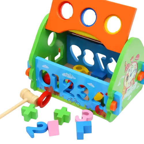 Casuta din Lemn cu Bile, Ciocan, Sortator de Forme Geometrice si Litere, Jucarie Educativa Montessori, Multicolora, Lemn, 20 Piese, 3 ani+, Edujucarii [10]