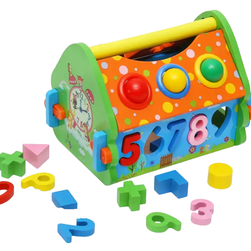 Casuta din Lemn cu Bile, Ciocan, Sortator de Forme Geometrice si Litere, Jucarie Educativa Montessori, Multicolora, Lemn, 20 Piese, 3 ani+, Edujucarii [7]