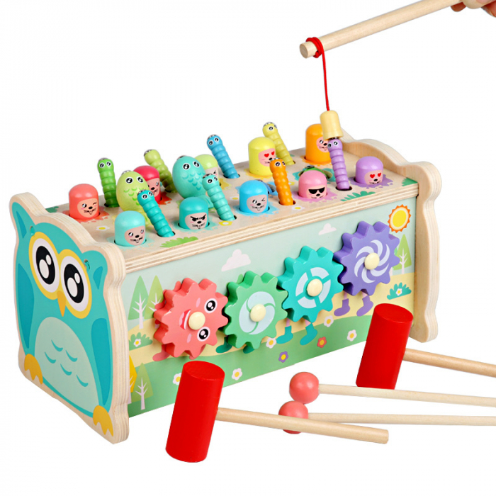 Centru de activitati  multifunctional din lemn, Montessori 4 in 1, Bufnita cu xilofon și pescuit magnetic, 3 ani+, EduJucarii [2]