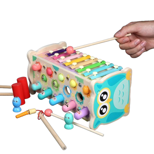 Centru de activitati  multifunctional din lemn, Montessori 4 in 1, Bufnita cu xilofon și pescuit magnetic, 3 ani+, EduJucarii [7]