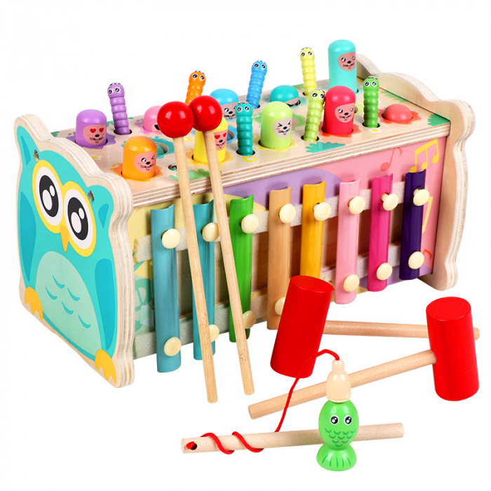 Centru de activitati  multifunctional din lemn, Montessori 4 in 1, Bufnita cu xilofon și pescuit magnetic, 3 ani+, EduJucarii [1]