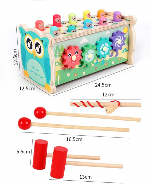 Centru de activitati  multifunctional din lemn, Montessori 4 in 1, Bufnita cu xilofon și pescuit magnetic, 3 ani+, EduJucarii [6]