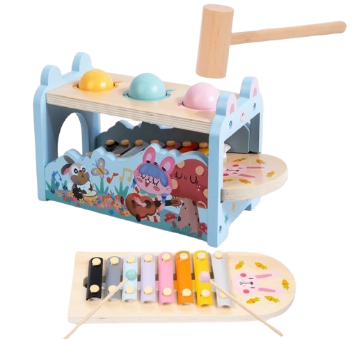 Centru de activitati multifunctional din lemn, Montessori 2 in 1, Iepure cu xilofon și bile, 3 ani+, EduJucarii [2]
