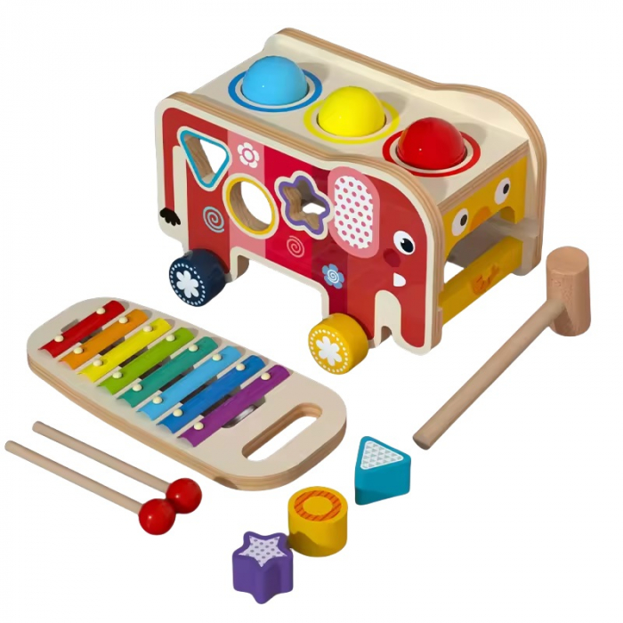 Centru de activitati multifunctional din lemn, Montessori 4 in 1, Elefant cu xilofon, roti zimtate, forme geometrice și bile, 3 ani+, EduJucarii [1]