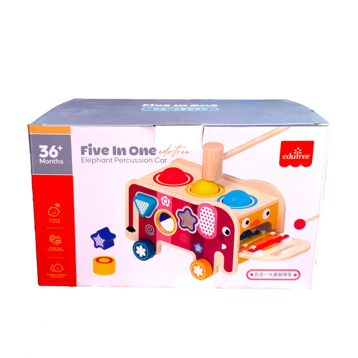 Centru de activitati multifunctional din lemn, Montessori 4 in 1, Elefant cu xilofon, roti zimtate, forme geometrice și bile, 3 ani+, EduJucarii [4]