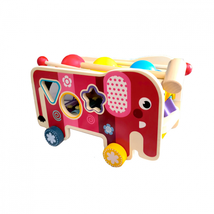 Centru de activitati multifunctional din lemn, Montessori 4 in 1, Elefant cu xilofon, roti zimtate, forme geometrice și bile, 3 ani+, EduJucarii [6]