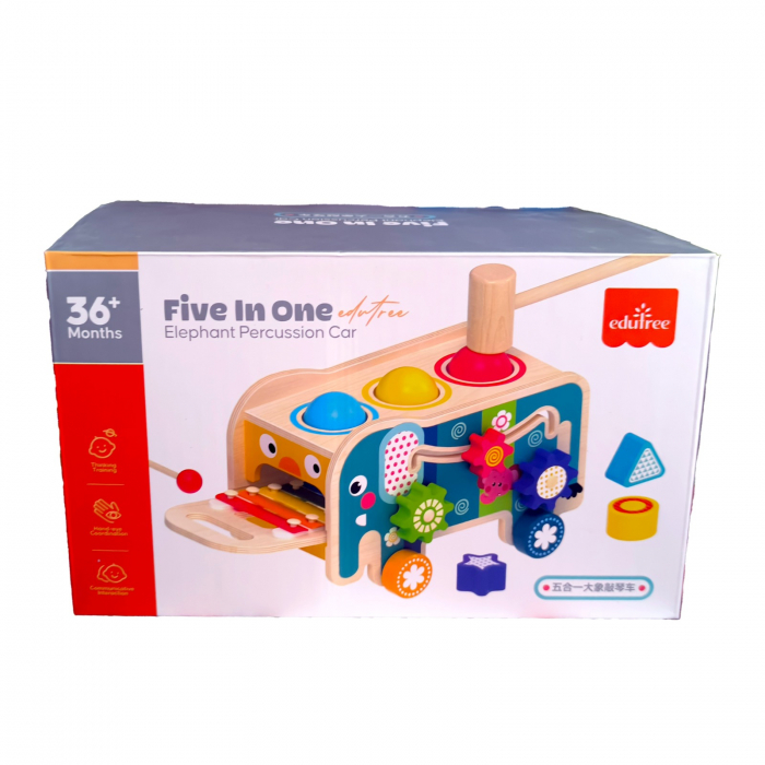 Centru de activitati multifunctional din lemn, Montessori 4 in 1, Elefant cu xilofon, roti zimtate, forme geometrice și bile, 3 ani+, EduJucarii [5]