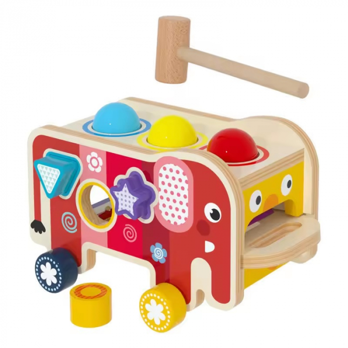 Centru de activitati multifunctional din lemn, Montessori 4 in 1, Elefant cu xilofon, roti zimtate, forme geometrice și bile, 3 ani+, EduJucarii [2]