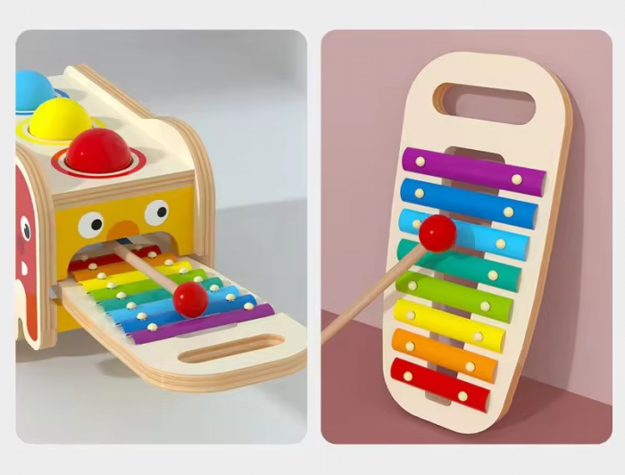 Centru de activitati multifunctional din lemn, Montessori 4 in 1, Elefant cu xilofon, roti zimtate, forme geometrice și bile, 3 ani+, EduJucarii [3]