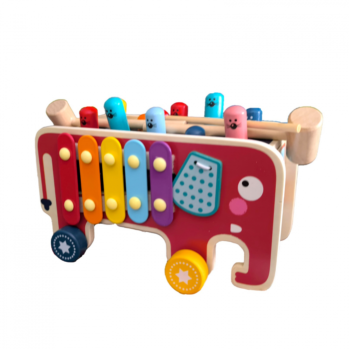Centru de activitati multifunctional din lemn, Montessori 4 in 1, Elefant cu xilofon, roti zimtate, ceasul și prinde cartita, 3 ani+, EduJucarii [3]