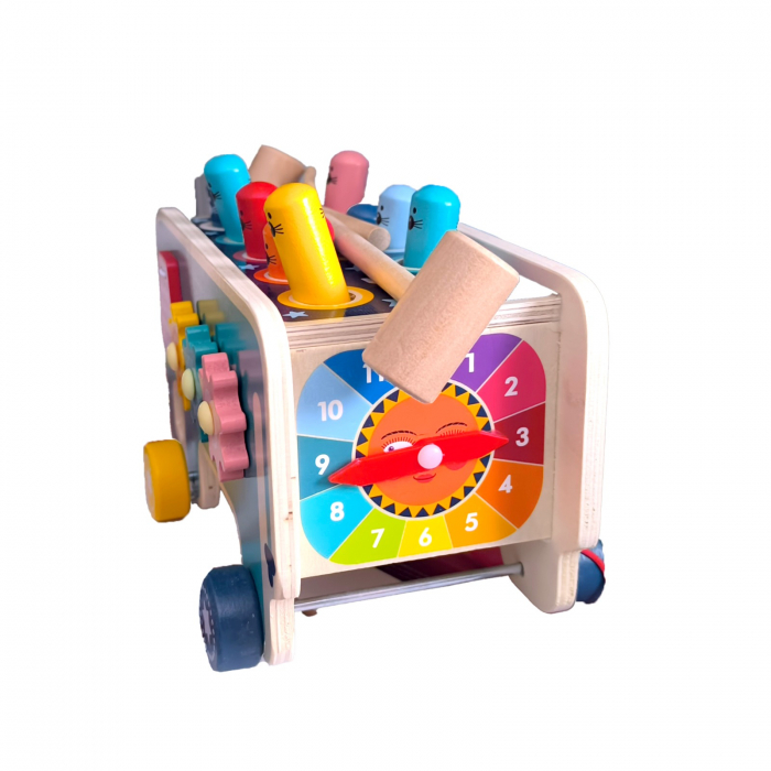 Centru de activitati multifunctional din lemn, Montessori 4 in 1, Elefant cu xilofon, roti zimtate, ceasul și prinde cartita, 3 ani+, EduJucarii [2]