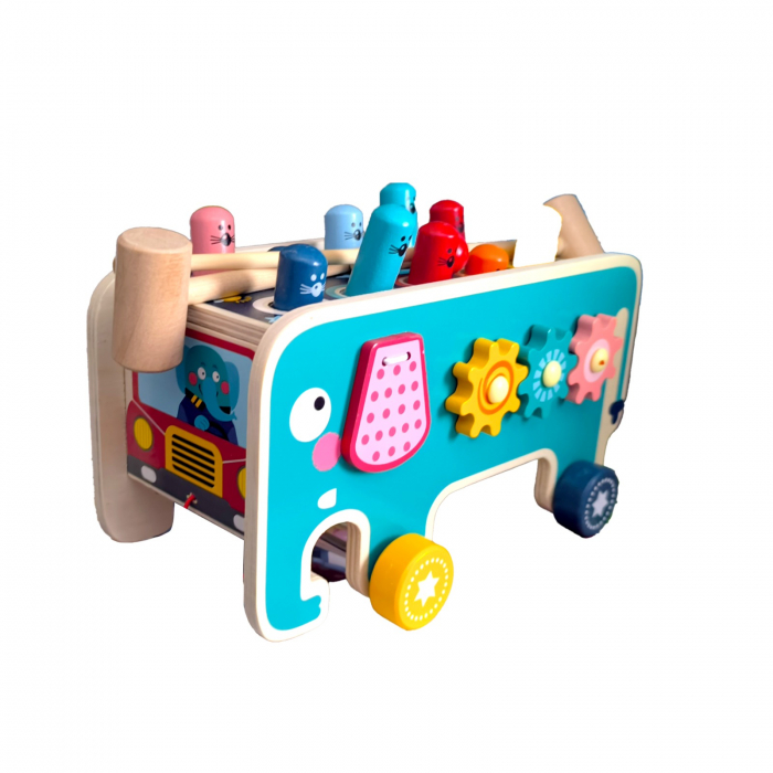 Centru de activitati multifunctional din lemn, Montessori 4 in 1, Elefant cu xilofon, roti zimtate, ceasul și prinde cartita, 3 ani+, EduJucarii [1]