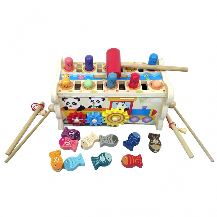 Centru de activitati multifunctional din lemn, Montessori 4 in 1, Panda Whac A Mole cu xilofon și pescuit magnetic [3]