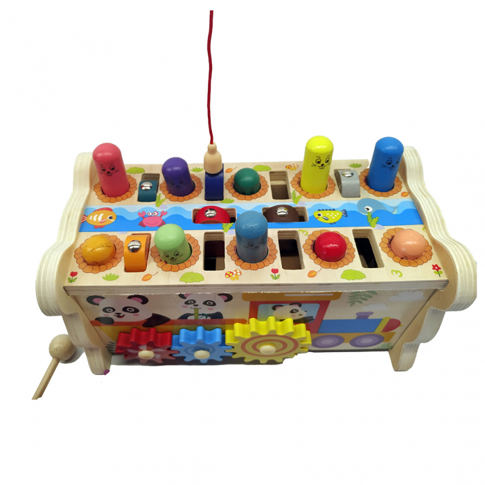 Centru de activitati multifunctional din lemn, Montessori 4 in 1, Panda Whac A Mole cu xilofon și pescuit magnetic [4]
