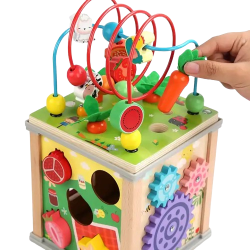 Centru din lemn educativ Montessori, Cub activitati bebelusi 7 in 1, labirint, fructe, viermisori, morcovi, sortator de fructe, xilofon, ceas, roti zimtate, 3 ani + [4]