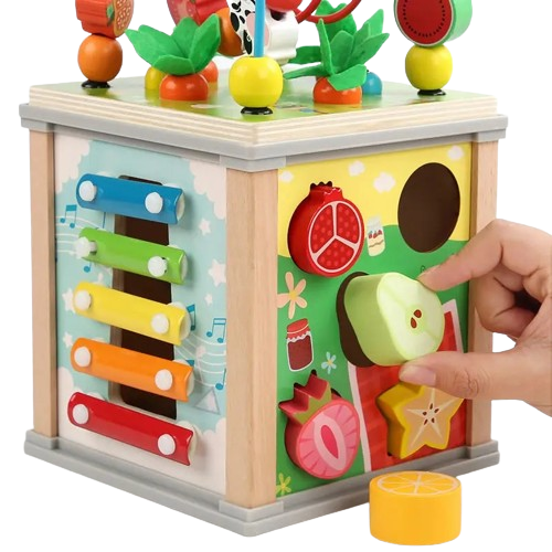 Centru din lemn educativ Montessori, Cub activitati bebelusi 7 in 1, labirint, fructe, viermisori, morcovi, sortator de fructe, xilofon, ceas, roti zimtate, 3 ani + [3]