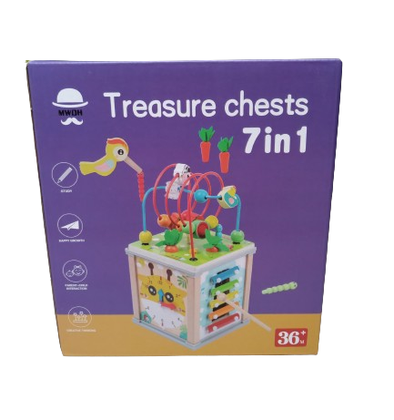 Centru din lemn educativ Montessori, Cub activitati bebelusi 7 in 1, labirint, fructe, viermisori, morcovi, sortator de fructe, xilofon, ceas, roti zimtate, 3 ani + [8]
