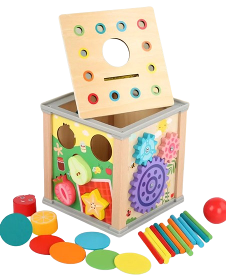 Centru din lemn educativ Montessori, Cub activitati bebelusi 7 in 1, labirint, fructe, viermisori, morcovi, sortator de fructe, xilofon, ceas, roti zimtate, 3 ani + [6]