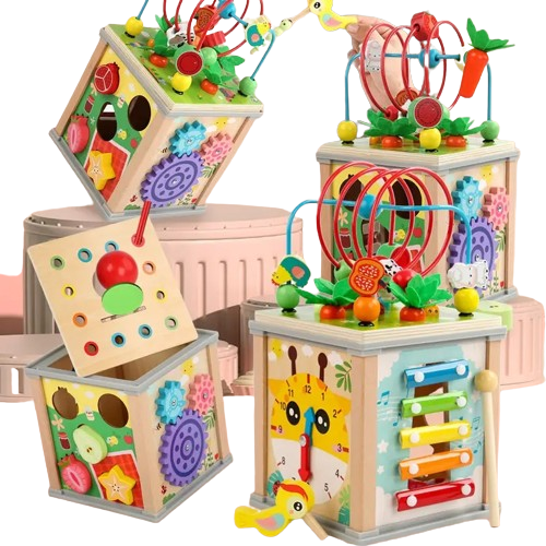 Centru din lemn educativ Montessori, Cub activitati bebelusi 7 in 1, labirint, fructe, viermisori, morcovi, sortator de fructe, xilofon, ceas, roti zimtate, 3 ani + [5]