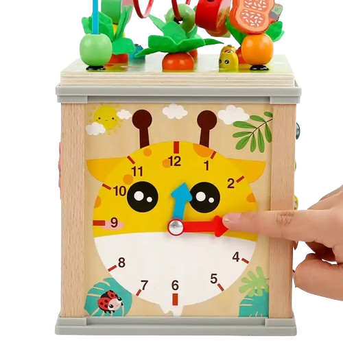 Centru din lemn educativ Montessori, Cub activitati bebelusi 7 in 1, labirint, fructe, viermisori, morcovi, sortator de fructe, xilofon, ceas, roti zimtate, 3 ani + [7]