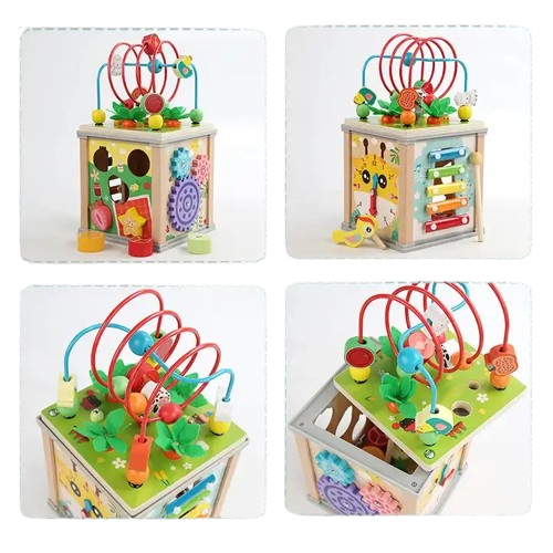 Centru din lemn educativ Montessori, Cub activitati bebelusi 7 in 1, labirint, fructe, viermisori, morcovi, sortator de fructe, xilofon, ceas, roti zimtate, 3 ani + [2]