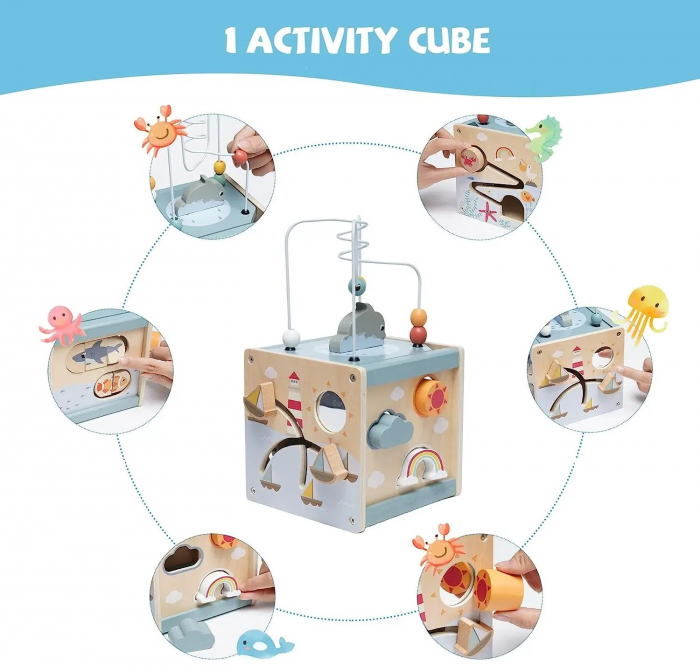 Centru din lemn educativ Montessori, Cub activitati bebelusi 5 in 1, delfin, 1 an+ [7]