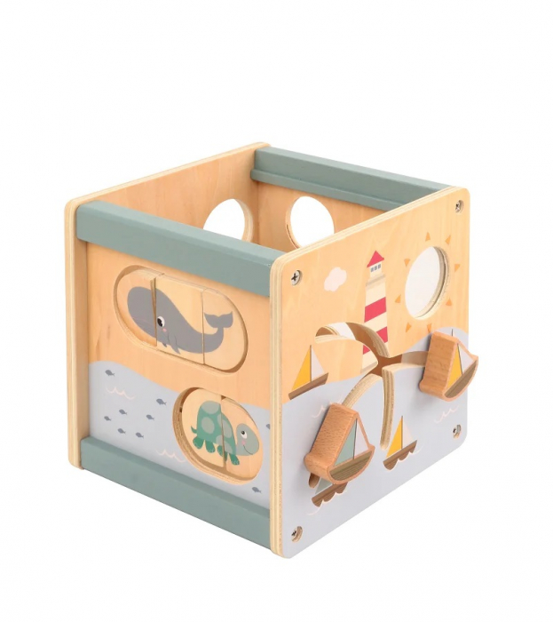 Centru din lemn educativ Montessori, Cub activitati bebelusi 5 in 1, delfin, 1 an+ [4]
