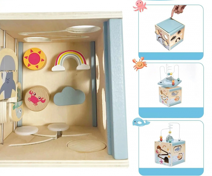 Centru din lemn educativ Montessori, Cub activitati bebelusi 5 in 1, delfin, 1 an+ [8]