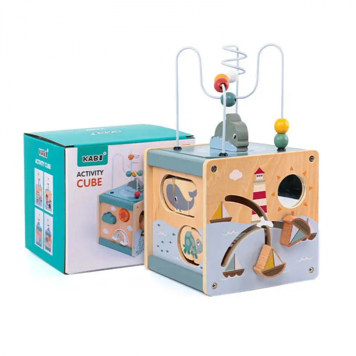 Centru din lemn educativ Montessori, Cub activitati bebelusi 5 in 1, delfin, 1 an+ [13]