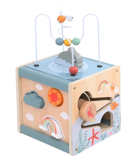 Centru din lemn educativ Montessori, Cub activitati bebelusi 5 in 1, delfin, 1 an+ [1]