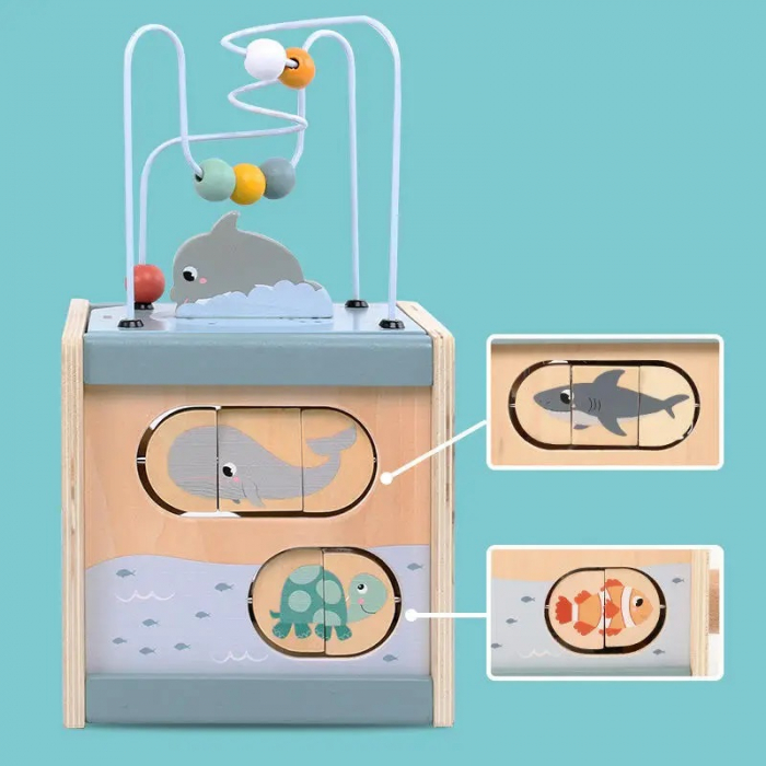 Centru din lemn educativ Montessori, Cub activitati bebelusi 5 in 1, delfin, 1 an+ [12]