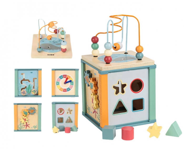Centru din lemn educativ Montessori, Cub activitati bebelusi 5 in 1, Ocean, 1 an + [1]