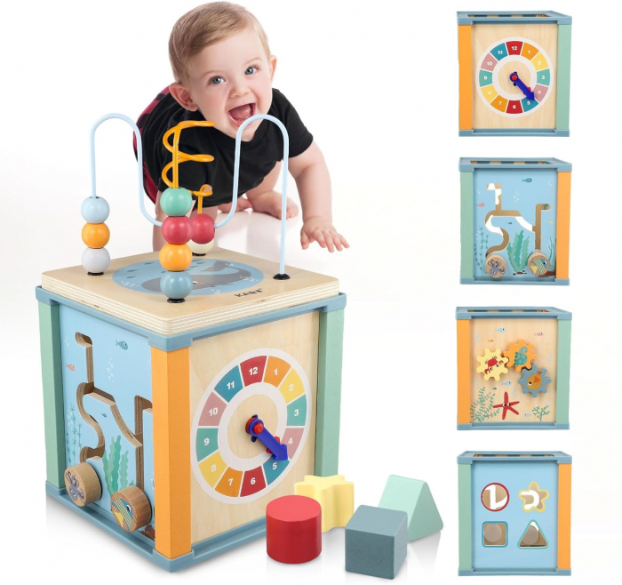 Centru din lemn educativ Montessori, Cub activitati bebelusi 5 in 1, Ocean, 1 an + [3]