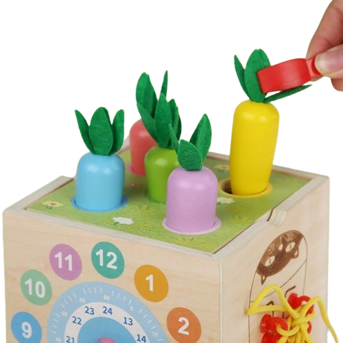 Centru din lemn educativ Montessori, Cub activitati bebelusi 8 in 1, forme geometrice, viermisori, pestisori, morcovi, sireturi, ceas, morcovi, 3 ani + [4]