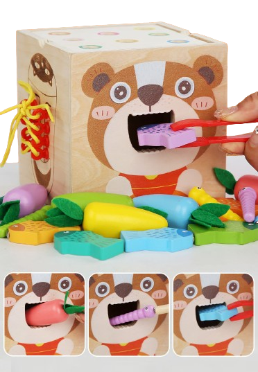 Centru din lemn educativ Montessori, Cub activitati bebelusi 8 in 1, forme geometrice, viermisori, pestisori, morcovi, sireturi, ceas, morcovi, 3 ani + [9]