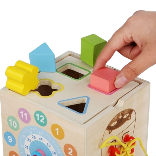 Centru din lemn educativ Montessori, Cub activitati bebelusi 8 in 1, forme geometrice, viermisori, pestisori, morcovi, sireturi, ceas, morcovi, 3 ani + [3]