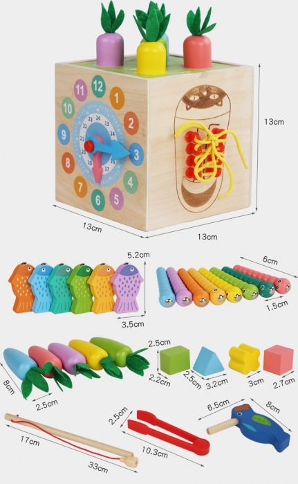 Centru din lemn educativ Montessori, Cub activitati bebelusi 8 in 1, forme geometrice, viermisori, pestisori, morcovi, sireturi, ceas, morcovi, 3 ani + [2]