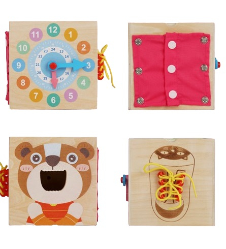 Centru din lemn educativ Montessori, Cub activitati bebelusi 8 in 1, forme geometrice, viermisori, pestisori, morcovi, sireturi, ceas, morcovi, 3 ani + [6]