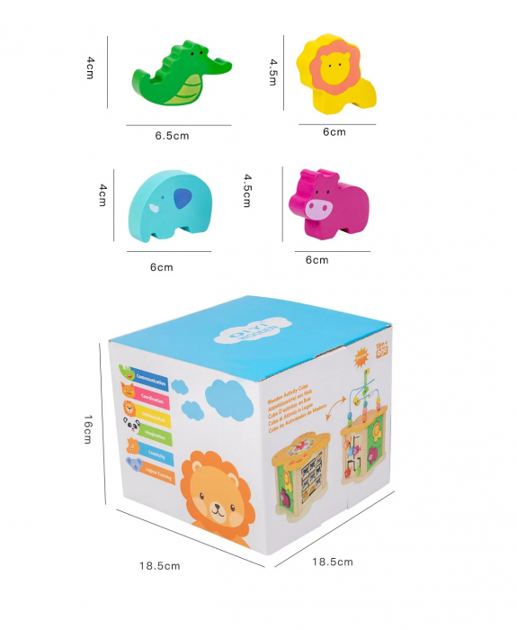 Centru din lemn educativ Montessori, Cub activitati bebelusi 6 in 1, animale salbatice si forme geometrice, 18 luni +, Edujucarii [5]