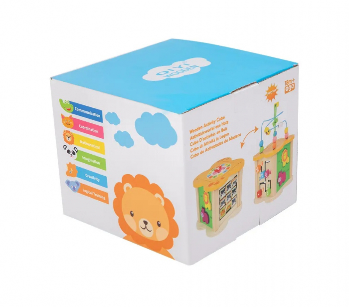 Centru din lemn educativ Montessori, Cub activitati bebelusi 6 in 1, animale salbatice si forme geometrice, 18 luni +, Edujucarii [6]