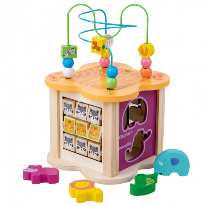 Centru din lemn educativ Montessori, Cub activitati bebelusi 6 in 1, animale salbatice si forme geometrice, 18 luni +, Edujucarii [1]