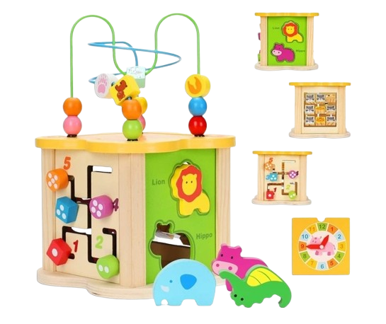 Centru din lemn educativ Montessori, Cub activitati bebelusi 6 in 1, animale salbatice si forme geometrice, 18 luni +, Edujucarii [3]