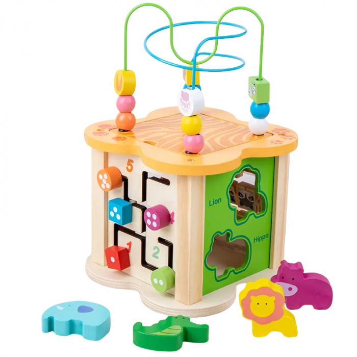 Centru din lemn educativ Montessori, Cub activitati bebelusi 6 in 1, animale salbatice si forme geometrice, 18 luni +, Edujucarii [2]