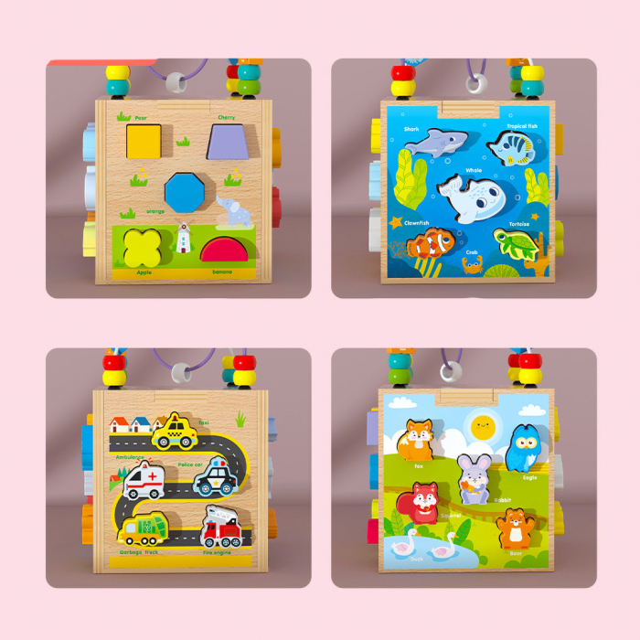 Centru din lemn educativ Montessori, Cub activitati bebelusi 5 in 1, Vietati Marine, vehicule, animale de padure si forme geometrice, 3 ani +, Edujucarii [7]