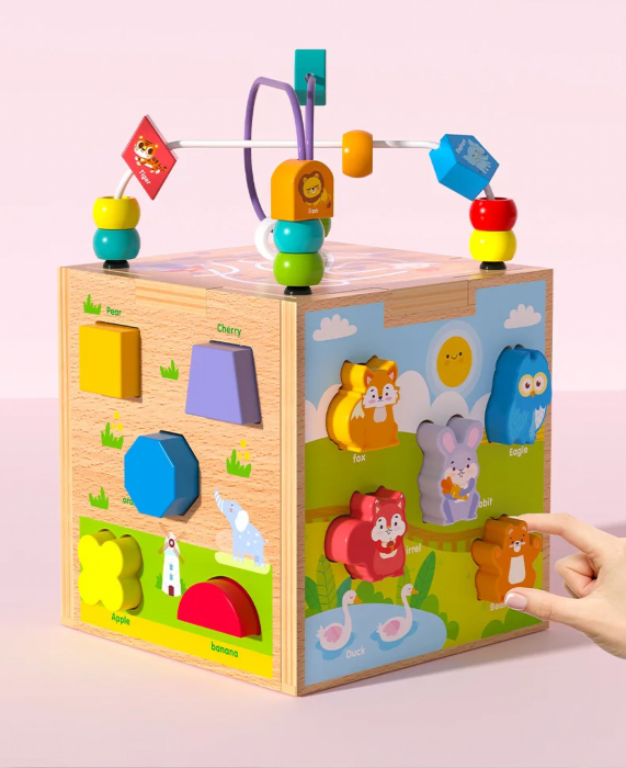 Centru din lemn educativ Montessori, Cub activitati bebelusi 5 in 1, Vietati Marine, vehicule, animale de padure si forme geometrice, 3 ani +, Edujucarii [3]