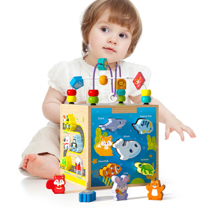 Centru din lemn educativ Montessori, Cub activitati bebelusi 5 in 1, Vietati Marine, vehicule, animale de padure si forme geometrice, 3 ani +, Edujucarii [6]