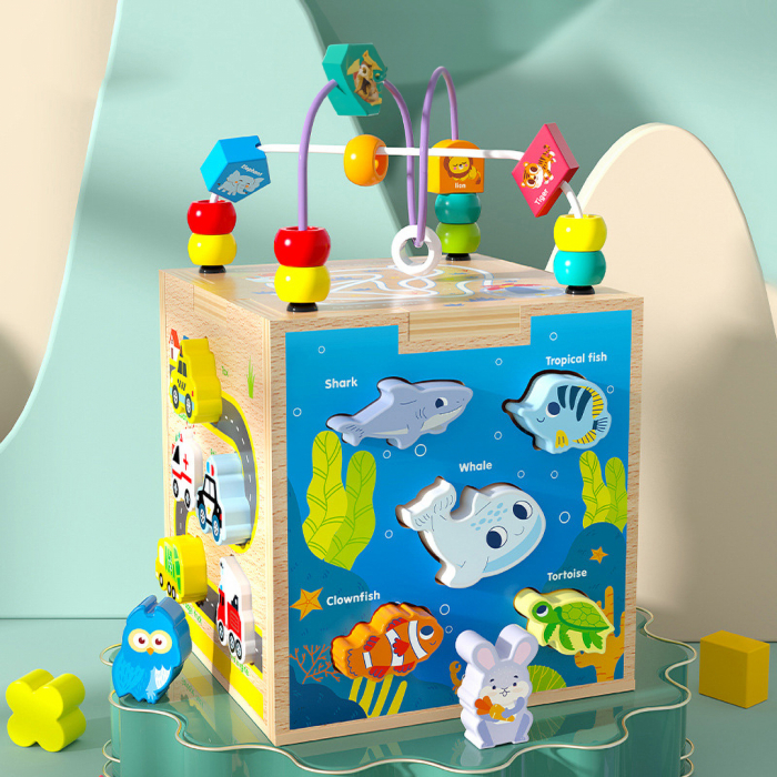 Centru din lemn educativ Montessori, Cub activitati bebelusi 5 in 1, Vietati Marine, vehicule, animale de padure si forme geometrice, 3 ani +, Edujucarii [5]