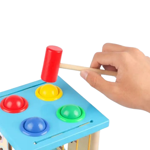 Centru din lemn educativ Montessori, Cub activitati 4 in 1, Sortator de forme geometrice, 3 ani + [3]